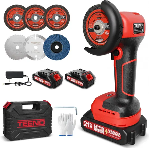 Vista 11 de TEENO Kit de amoladora angular inalámbrica, mini herramienta de molienda angular eléctrica de 19,500 RPM con 2 baterías de 2000 mAh y 6 discos
