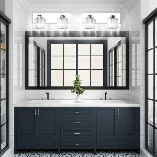 Vista 2 de Aipsun Accesorios de iluminación de tocador de baño, luces de tocador de cristal para baño, 2 luces, accesorios de iluminación de pared de acero