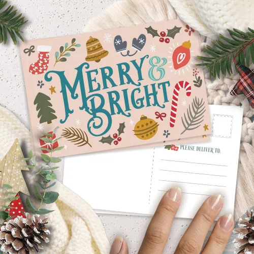 Vista 6 de m&h invites Merry & Bright Postales navideñas saludos navideños – Bonitas postales ilustradas para el invierno – 50