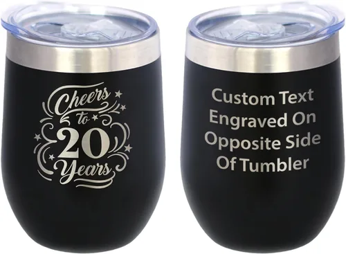 Vista 10 de Cheers to 20 Years - Vaso de vino con tapa deslizante - Taza aislada de acero inoxidable - Regalo para el 20 aniversario - Negro