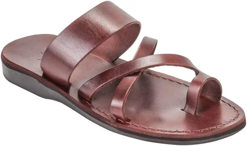 Vista 2 de Sandalias bíblicas de Jesús para hombre, cuero genuino de camello, lazo para el dedo del pie hecho a mano de Jerusalén, marrón y negro Tierra Santa