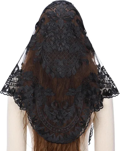 Vista 16 de Bozidol Velos de Mantilla de Capilla Católica en Triángulo - Bufanda Corta de Embroidería de Camelia para Misa Latina, Velo de Iglesia de Encaje