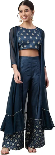 Vista 3 de Janasya Top corto indio con estampado de lámina de seda de poliéster verde azulado con palazzo y chaqueta