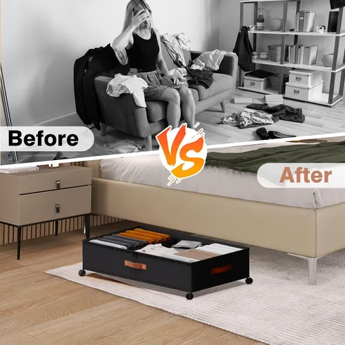 Vista 7 de Almacenamiento Debajo de la Cama con Ruedas - Contenedores Rodantes Debajo de la Cama con Tapa Transparente de PVC y Divisores, Tela Oxford 600D