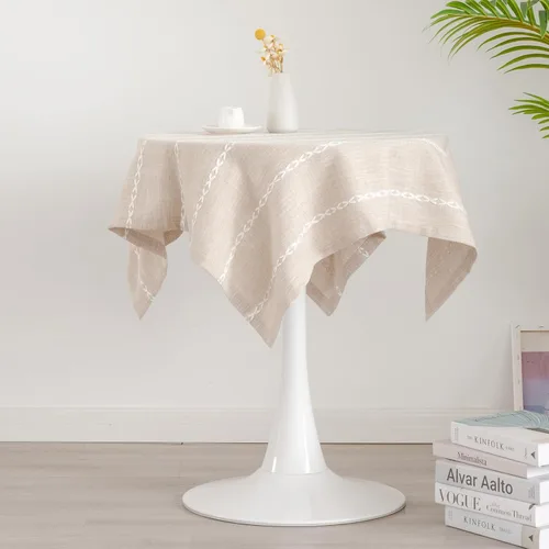 Vista 8 de Mantel redondo rústico pequeño lavable a rayas jacquard de lino resistente estilo granja con borlas para cocina, comedor, fiesta, decoración de Café