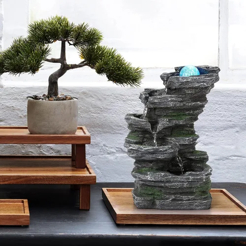 Vista 6 de WICHEMI Fuente de agua de mesa, fuente de agua para interiores con bola rodante LED, rocas apiladas, función de agua, meditación zen para decoración