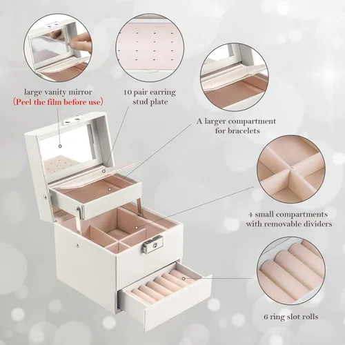Vista 3 de ProCase Joyero para niñas y mujeres que viajan regalo ideal pequeño organizador de joyas de 3 capas con cerradura de espejo organizador para aretes