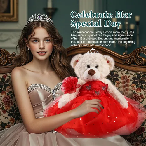 Vista 4 de Muñeca de quinceañera con vestido de membrillo con vestido, decoraciones de quinceañera, regalos de decoración de quinceañera, OSO de peluche
