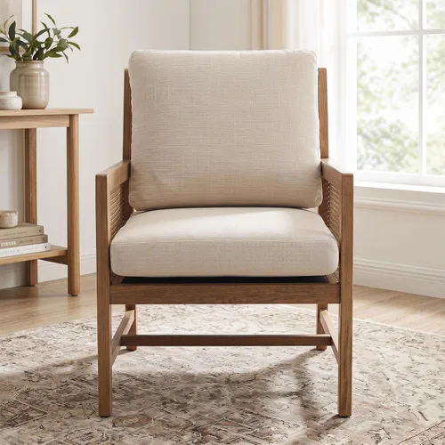 Vista 2 de chairus Silla decorativa moderna Mid-Century de madera maciza tapizada con reposabrazos de caña y respaldo de listones, cómoda silla de lectura