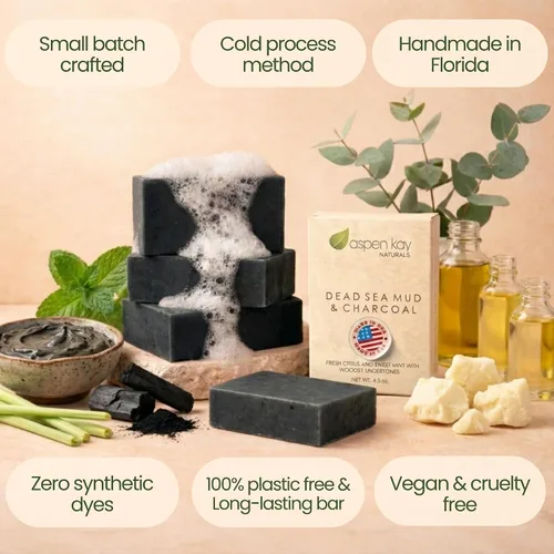 Vista 5 de Pastilla de jabón de barro del mar Muerto, 100% orgánica y natural Con carbón activo y aceites esenciales de grado terapéutico. Sin productos