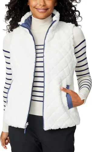Vista 3 de Free Country Chaleco reversible acolchado de forro polar sherpa ligero con bolsillos con cremallera, chaleco de invierno para damas, aventura