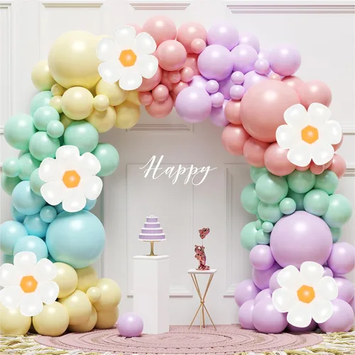 Vista 5 de Kit de guirnalda de arco de globos de margarita, kit de arco de globos de arcoíris pastel de 136 piezas, globos de cumpleaños, flores blancas Rosa