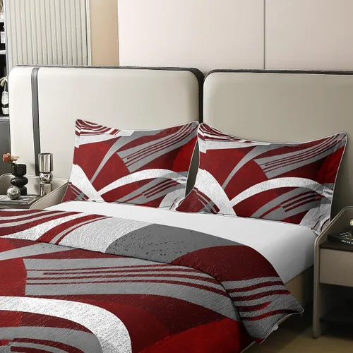Vista 4 de jejeloiu Juego de funda de edredón a rayas 100% algodón, diseño geométrico, 100% algodón, decoración de habitación, diseño geométrico, rojo y gris