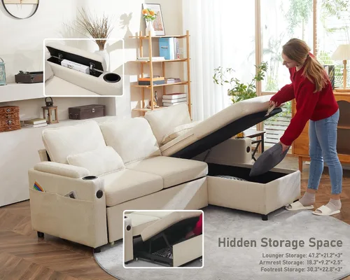 Vista 5 de Sofá cama extraíble 2 en 1 sofá cama seccional sofá en forma de L con almacenamiento Sofás convertibles para sala de estar, puertos de carga USB