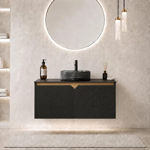 Vista 18 de Vanidad de baño flotante de 24 pulgadas con fregadero, gabinete estriado Fregadero de cerámica negro + negro