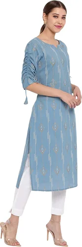 Vista 5 de Janasya Kurta de algodón estampado de mangas azules para mujer india