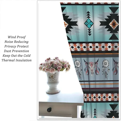 Vista 347 de Cortinas con patrón geométrico tribal, estilo suroeste, azteca, rústico, occidental, nativo americano, opacas, con bolsillo para barra, decoración