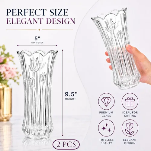 Vista 2 de Dicunoy Juego de 2 jarrones de flores de cristal, jarrones grandes de 9.5 pulgadas para centros de mesa, modernos jarrones acampanados de cristal