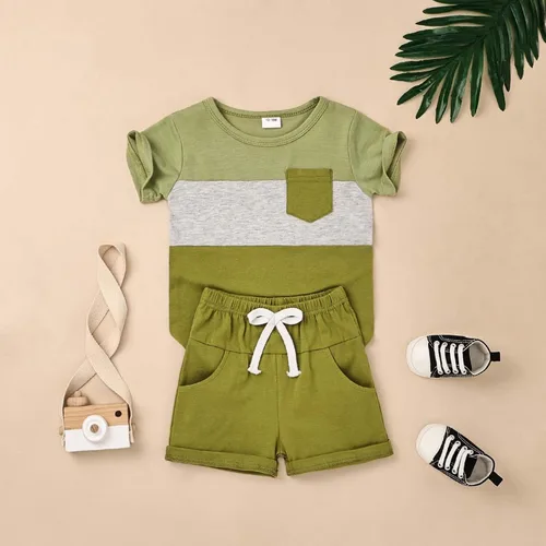 Vista 10 de Ropa para bebé niño pequeño, trajes de verano de manga corta, camiseta de retazos y pantalón con bolsillo, conjunto de 2 piezas, 12 meses a 4 años