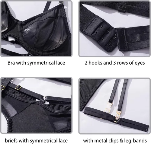 Vista 4 de Lencería con tiras para mujer, conjunto de lencería sexy para mujer con encaje negro con liguero, ropa