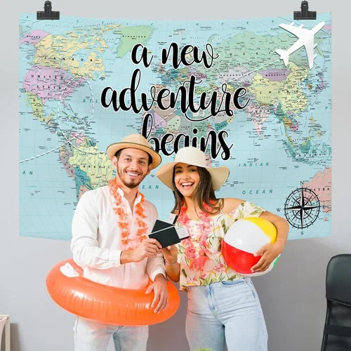 Vista 8 de Una nueva aventura comienza viajando niño, decoración de fiesta de baby shower, telón de fondo, mapa del mundo alrededor del mundo, aventura espera