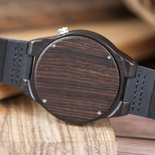 Vista 8 de BOBO BIRD Reloj de madera de bambú para hombre con correa de cuero de vaca negra, 12 agujeros, diseño temporizador, relojes deportivos casuales