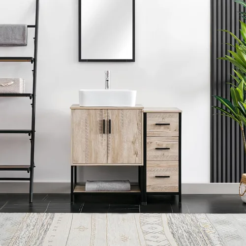 Vista 19 de eclife Lavabo de tocador de baño de 24 pulgadas, gabinete de metal moderno con estante inferior, fregadero azul para barco y grifo de ahorro de agua