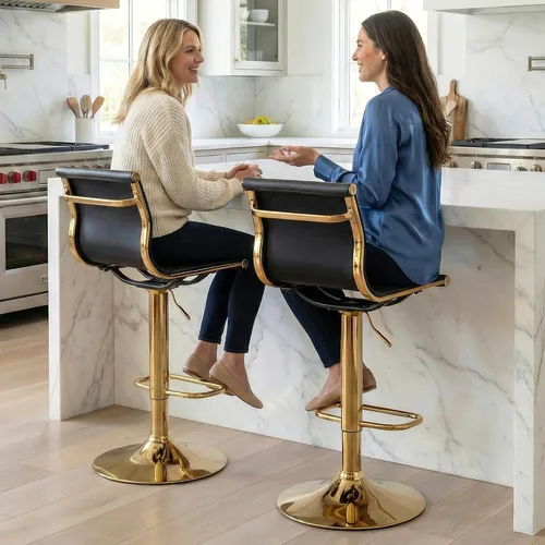 Vista 7 de Taburetes de bar ajustables de piel sintética, taburete de bar negro y dorado con respaldo, moderno taburete giratorio de altura de mostrador