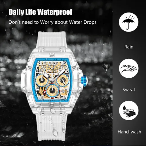 Vista 4 de RORIOS Reloj analógico de cuarzo para hombre, reloj de pulsera Tonneau transparente, multifuncional, a la moda, impermeable, cronógrafo, correa