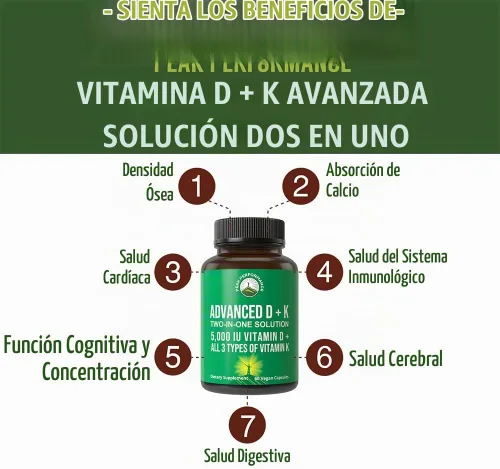 Vista 2 de Peak Performance Vitamina D avanzada de 5000 UI con los 3 tipos de vitamina K, vitamina D3 y vitamina K2, K1, MK-7 (MK7), suplemento MK4. 60