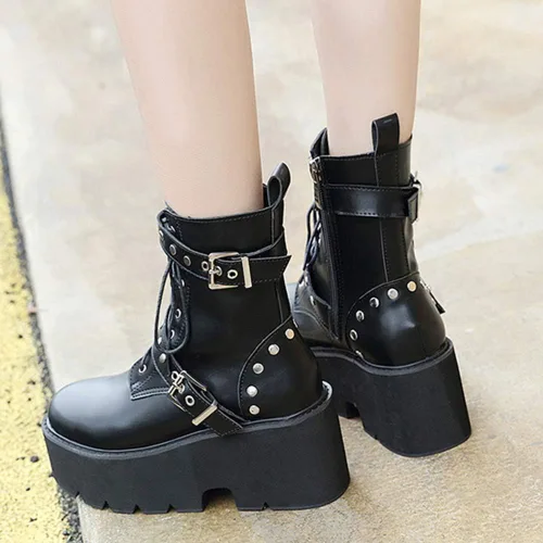 Vista 5 de CYNLLIO - Botas estilo combate de moda al tobillo de mujer plataforma en bloque con cordones y tachas botas de motocicleta a mitad de la pantorrilla
