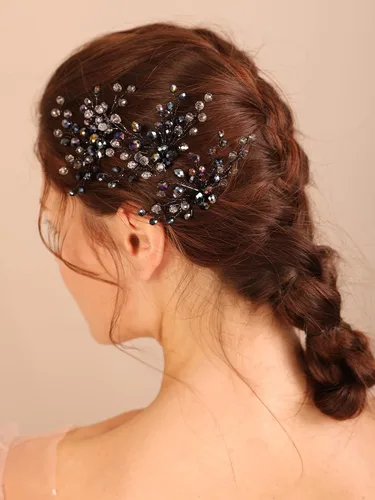 Vista 2 de Kercisbeauty Juego de horquillas de cristal negro para boda para mujeres y niñas, juego de piezas de pelo de fiesta temática hechas a mano