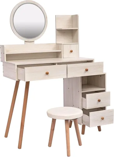 Vista 4 de Juego de mesa de tocador y taburete, escritorio de tocador con espejo LED de control táctil, longitud ajustable, juego de tocador para dormitorio