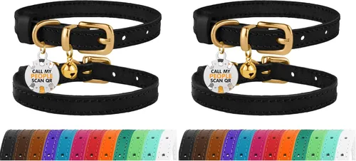 Vista 29 de BRONZEDOG Collar de cuero para gato con campanas extraíbles sin liberación rápida, etiqueta QR para gatito para niña y niño