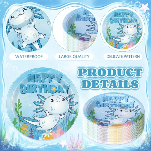 Vista 2 de Gerrii 60 platos de papel para fiesta de cumpleaños de ajolote azul de 7 pulgadas, decoraciones de ajolote azul, platos desechables para cenas
