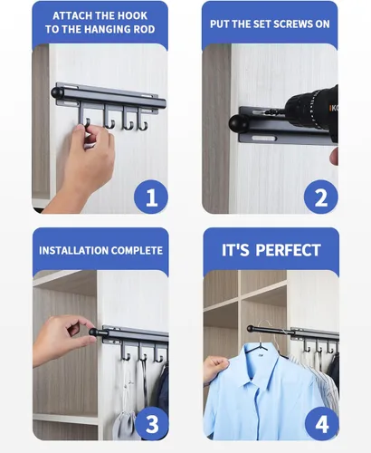 Vista 3 de BaiNong Barra de valet de 12 pulgadas para armarios Barra de valet extraíble para armario Deslizante en negro Barra de colgar extraíble para ropa