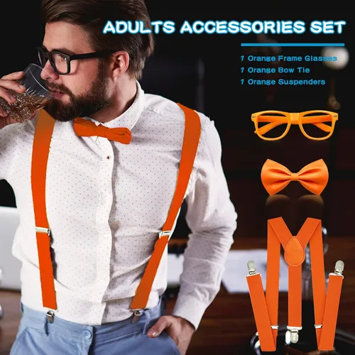 Vista 2 de 3 PCS KidsAdult Roleplay Costume, Orange Bow Tie Suspenders Glasses, Kids Birthday Party Supplies Dress Up Cosplay