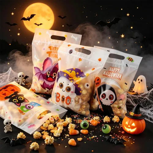 Vista 3 de Bolsas de celofán de Halloween, 40 piezas de plástico para Halloween, dulces, galletas, aperitivos, bolsa de sellado de regalo, bolsa a granel