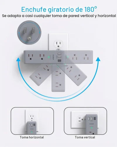 Vista 3 de Extensor de salida protector de sobretensiones, con enchufe giratorio, 6 tomas de corriente alterna con 3 puertos USB (1 USB C), 1800 julios
