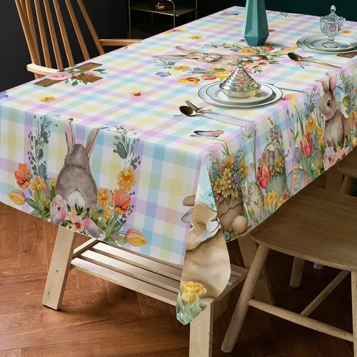 Vista 7 de Mantel Redondo de Pascua, Mantel Redondo de Mesa de Pascua de 70 Pulgadas con Conejo y Huevos, Cubierta de Mesa de Cocina a Cuadros Búfalo