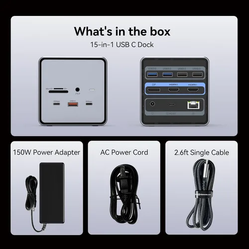 Vista 9 de Estación de acoplamiento TobenONE USB C para monitores duales/triples con adaptador de corriente de 150W