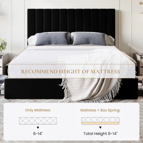 Vista 9 de SHA CERLIN Base de cama de plataforma tamaño matrimonial con 4 cajones de almacenamiento, cabecera acolchada vertical con diseño acanalado
