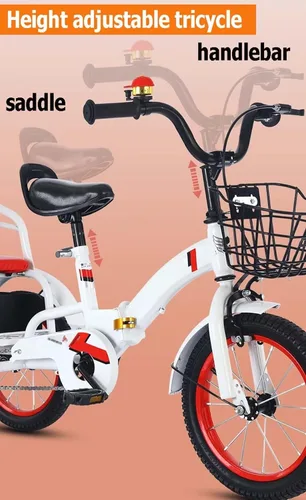 Vista 3 de Triciciclos plegables para niños con mango parental, triciclos tándem de 3 a 10 años con asiento trasero del pasajero, silla de montar ajustable