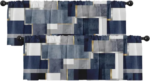 Vista 27 de Emvency Paquete de 2 cenefas para ventana, diseño geométrico gris y negro, cortinas de arte moderno abstracto, cortinas ajustables para ventanas