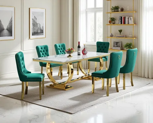 Vista 58 de Juego de mesa de comedor de 5 piezas para 4, mesa de cocina de mármol negro de 68 pulgadas con 4 sillas beige, mesa de comedor rectangular moderna