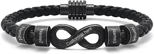 Vista 19 de Pulsera personalizada para hombre con cuentas de nombre personalizadas, pulsera de cuero trenzado personalizada grabada con 2-6 nombres