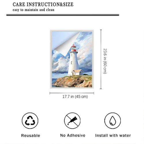 Vista 2 de Película de privacidad para ventana de faro blanco retro, estilo costero, acuarela abstracta, vitrales, película de adherencia estática para tiendas