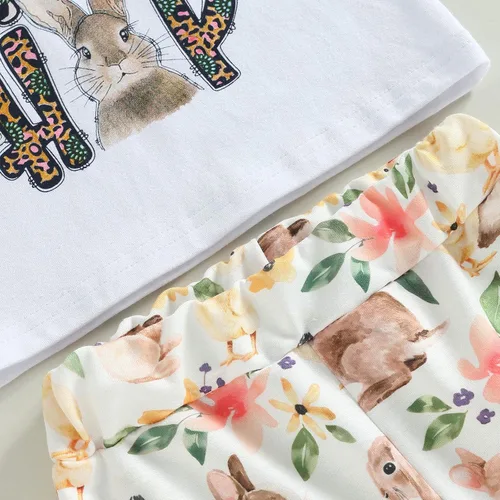 Vista 7 de MOREELUCK Conjunto de pantalones de Pascua para bebé niña, camiseta gráfica de conejo, pantalones acampanados con diadema, trajes de vacaciones