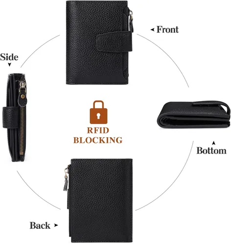 Vista 4 de FALAN MULE - Cartera de cuero auténtico para mujer, pequeña, plegable y compacta, con bloqueo de interferencia de radiofrecuencia (RFID)