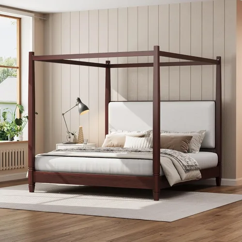 Vista 19 de VilroCaz Cama moderna de plataforma con dosel de tamaño Queen con cabecera capitoné de canal de tapicería, base de cama de metal con 4 carteles